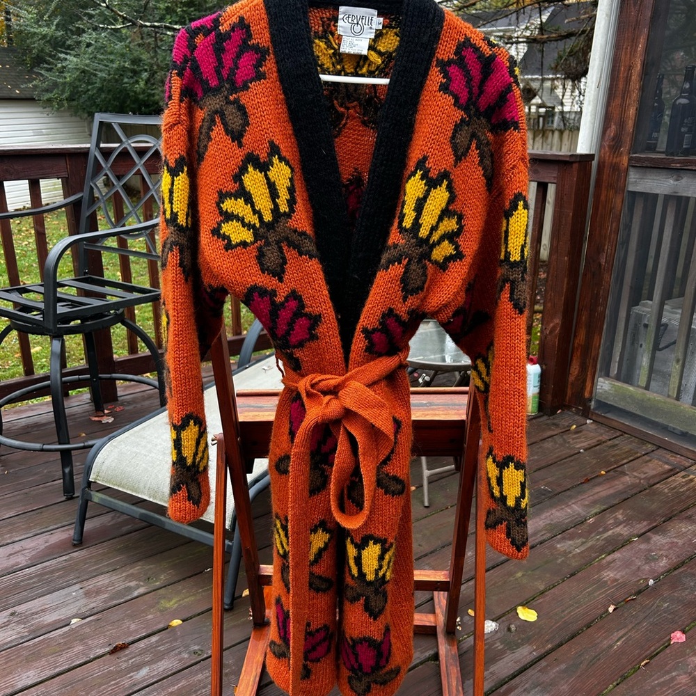 Cervelle Orange Knit Cardigan with Floral Patterns